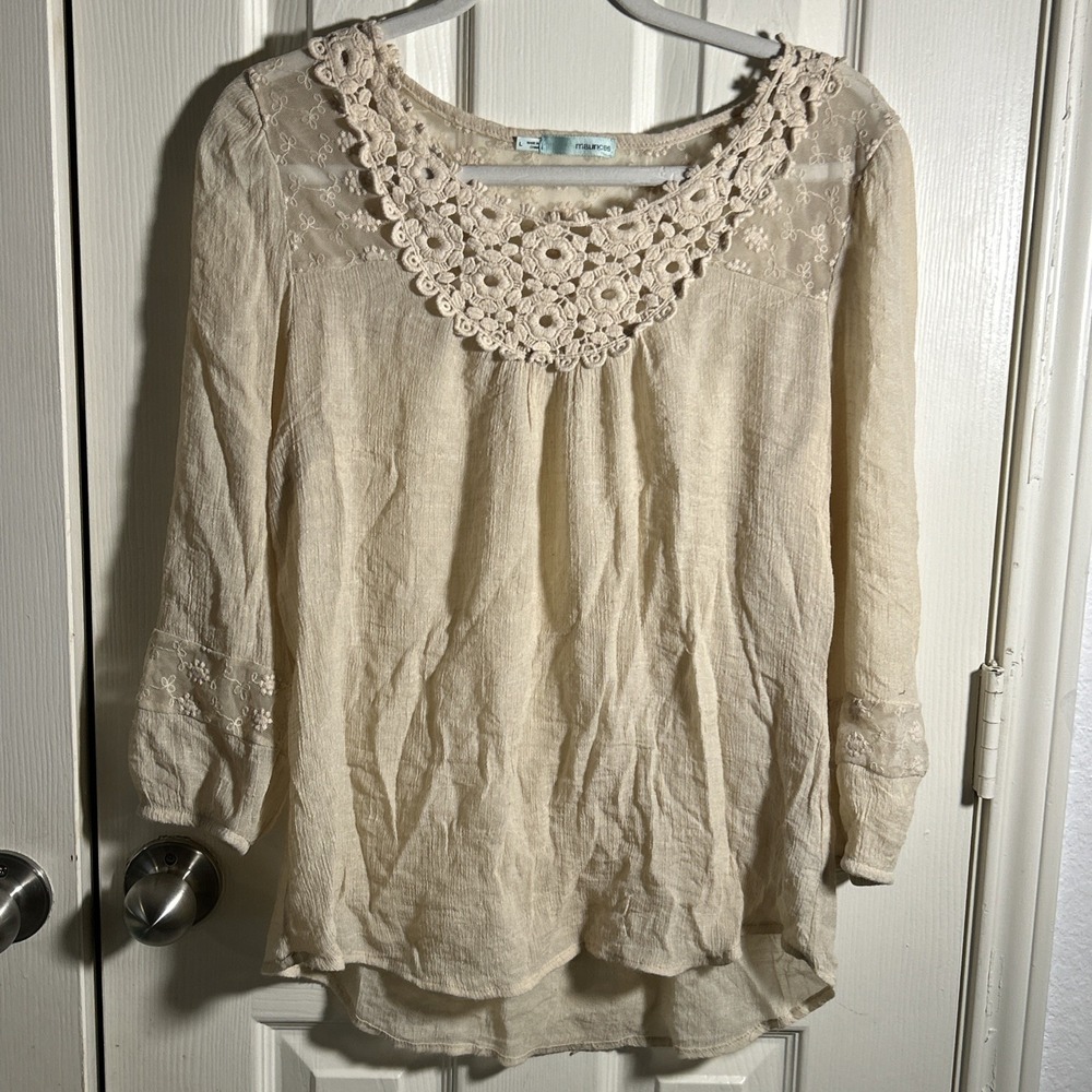 Maurices Womens Semi‎ Sheer Lace Crochet Blouse Ivory Size L Boho